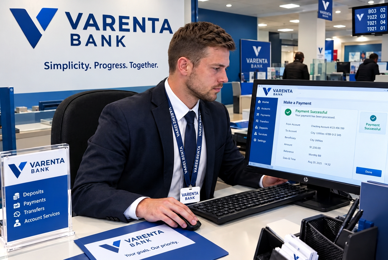 A VARENTA BANK banker at a branch desk with account services on screen behind him